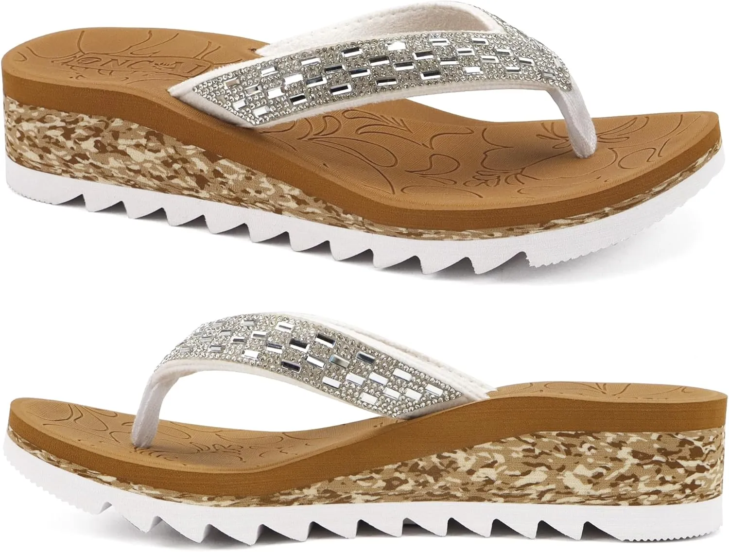 ONCAI Women's Wedge Flip Flops with Rhinestone，Recovery Dressy Walking Sandals for Women with Comfortable Arch Support Cushion Yoga Mat Summer Rubber Soles(US Size 5-11)