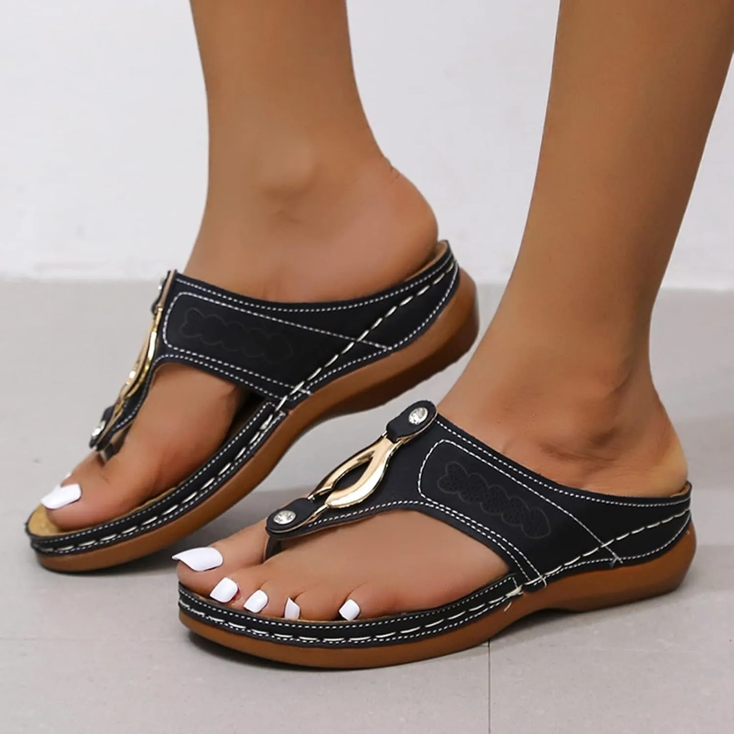 Orthopedic Wedge Sandals for Women Dressy Summer Comfortable Walking Sandals with Arch Support Fashion Orthotic Slides Open Toe Orthotic Flip Flops Slip on Sandals Casual Thong Sandals (a-Black, 10)