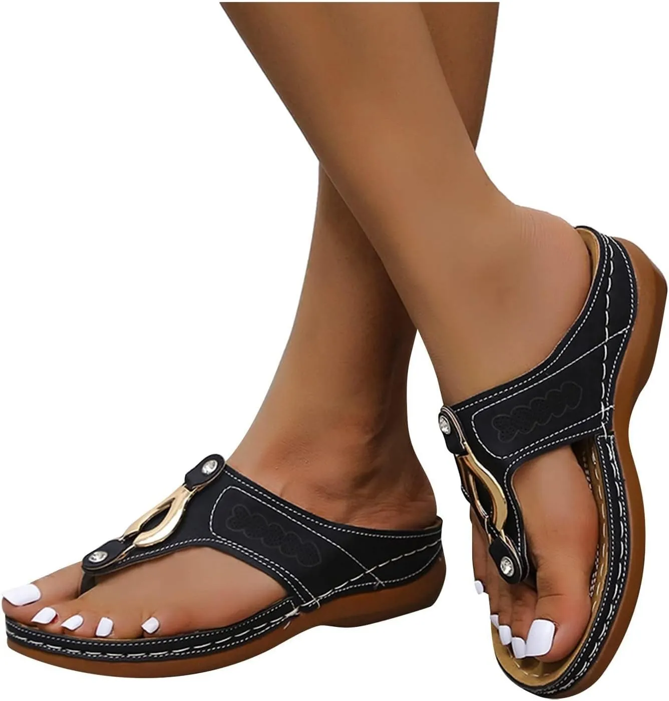 Orthopedic Wedge Sandals for Women Dressy Summer Comfortable Walking Sandals with Arch Support Fashion Orthotic Slides Open Toe Orthotic Flip Flops Slip on Sandals Casual Thong Sandals (a-Black, 10)
