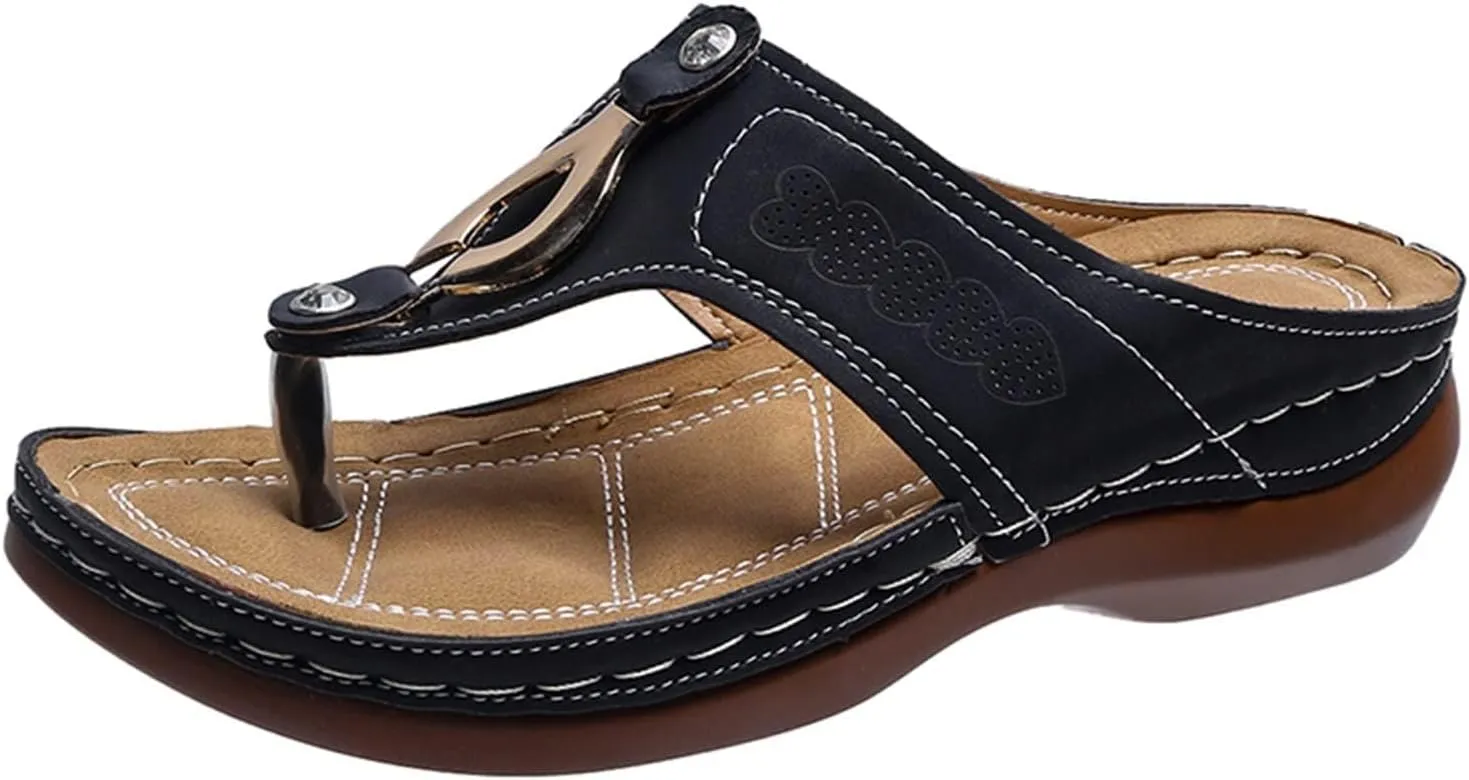 Orthopedic Wedge Sandals for Women Dressy Summer Comfortable Walking Sandals with Arch Support Fashion Orthotic Slides Open Toe Orthotic Flip Flops Slip on Sandals Casual Thong Sandals (a-Black, 10)