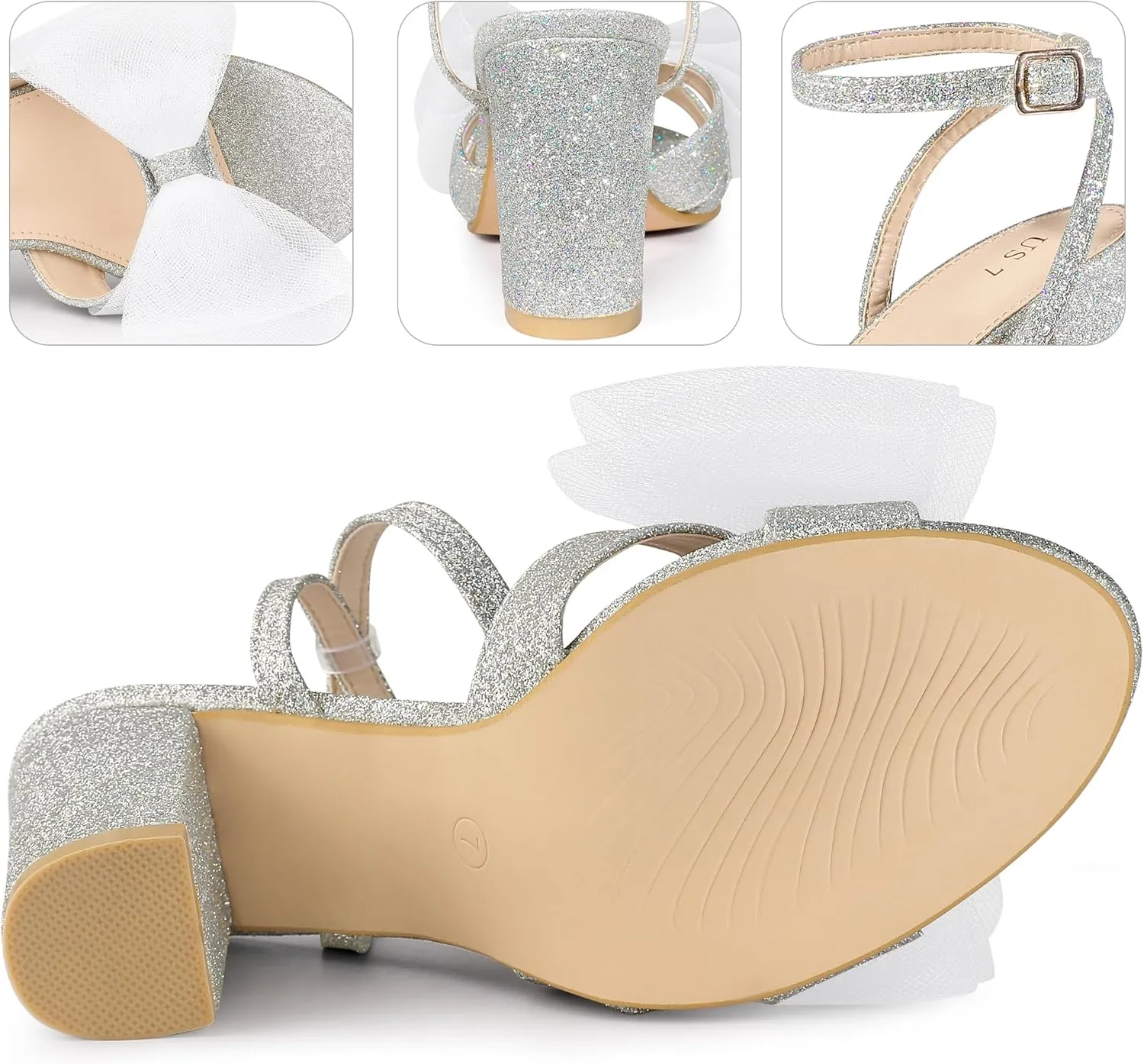 Perphy Glitter Heel Mesh Bow Chunky High Heel Sandal for Women
