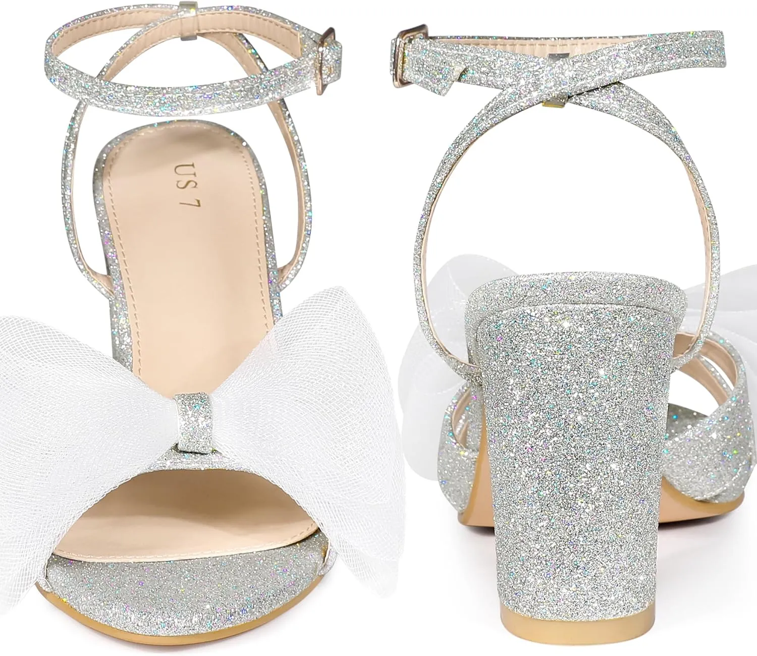 Perphy Glitter Heel Mesh Bow Chunky High Heel Sandal for Women