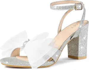 Perphy Glitter Heel Mesh Bow Chunky High Heel Sandal for Women