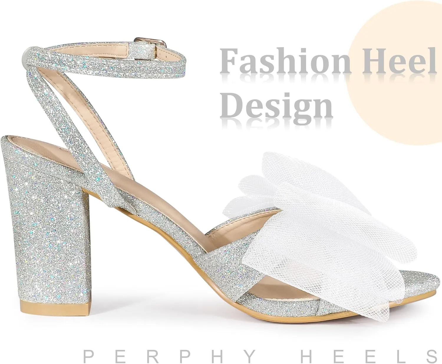 Perphy Glitter Heel Mesh Bow Chunky High Heel Sandal for Women