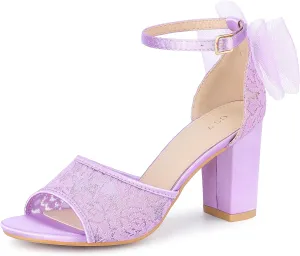 Perphy Lace Open Toe Bow Ankle Strap Block Heel Sandals for Women