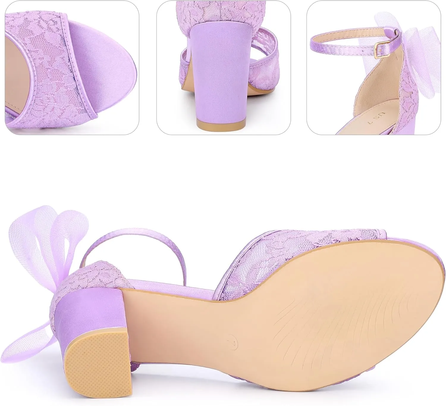 Perphy Lace Open Toe Bow Ankle Strap Block Heel Sandals for Women