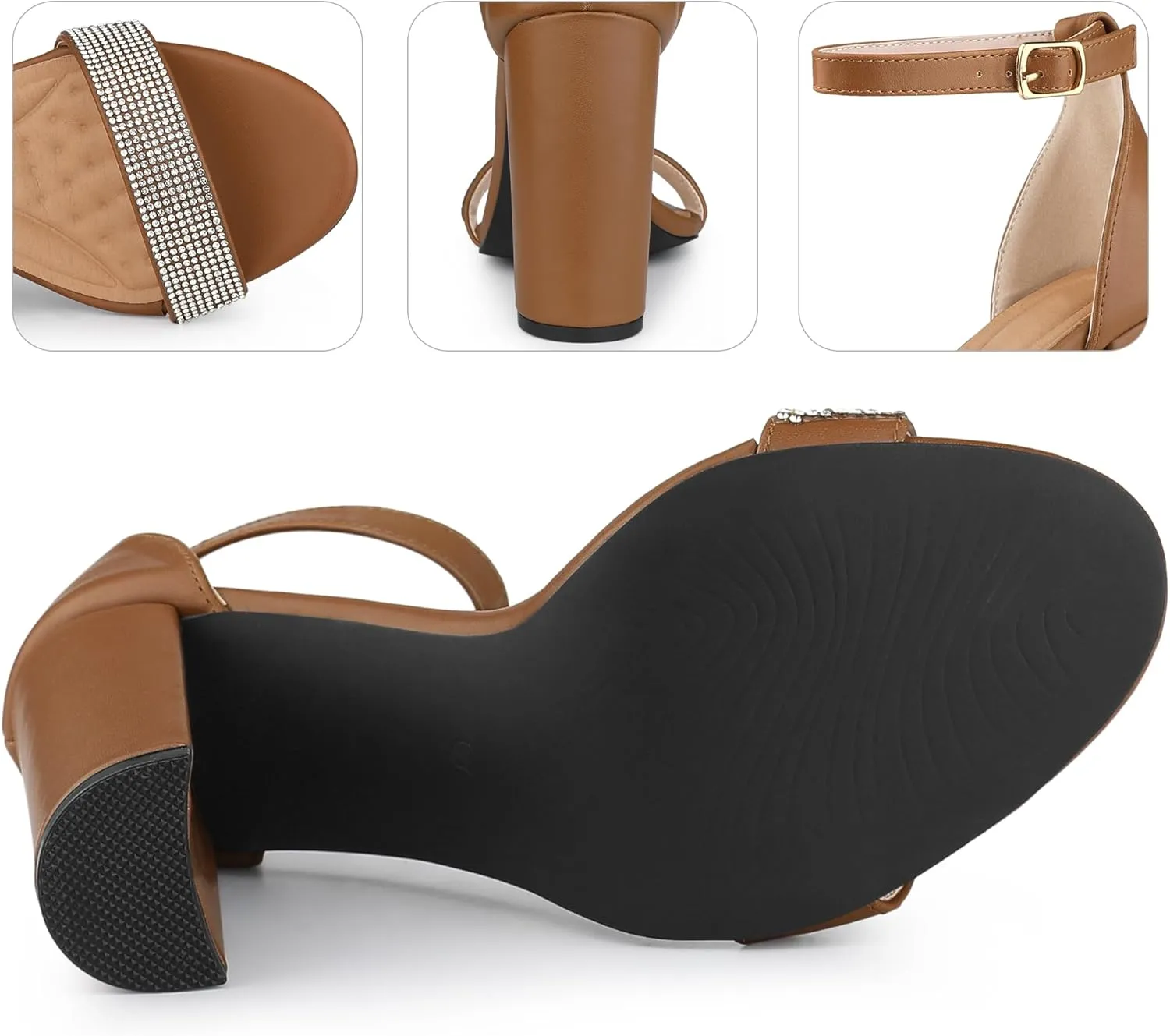 Perphy Open Toe Rhinestone Ankle Strap Chunky Heel Sandals for Women