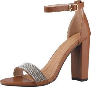 Perphy Open Toe Rhinestone Ankle Strap Chunky Heel Sandals for Women