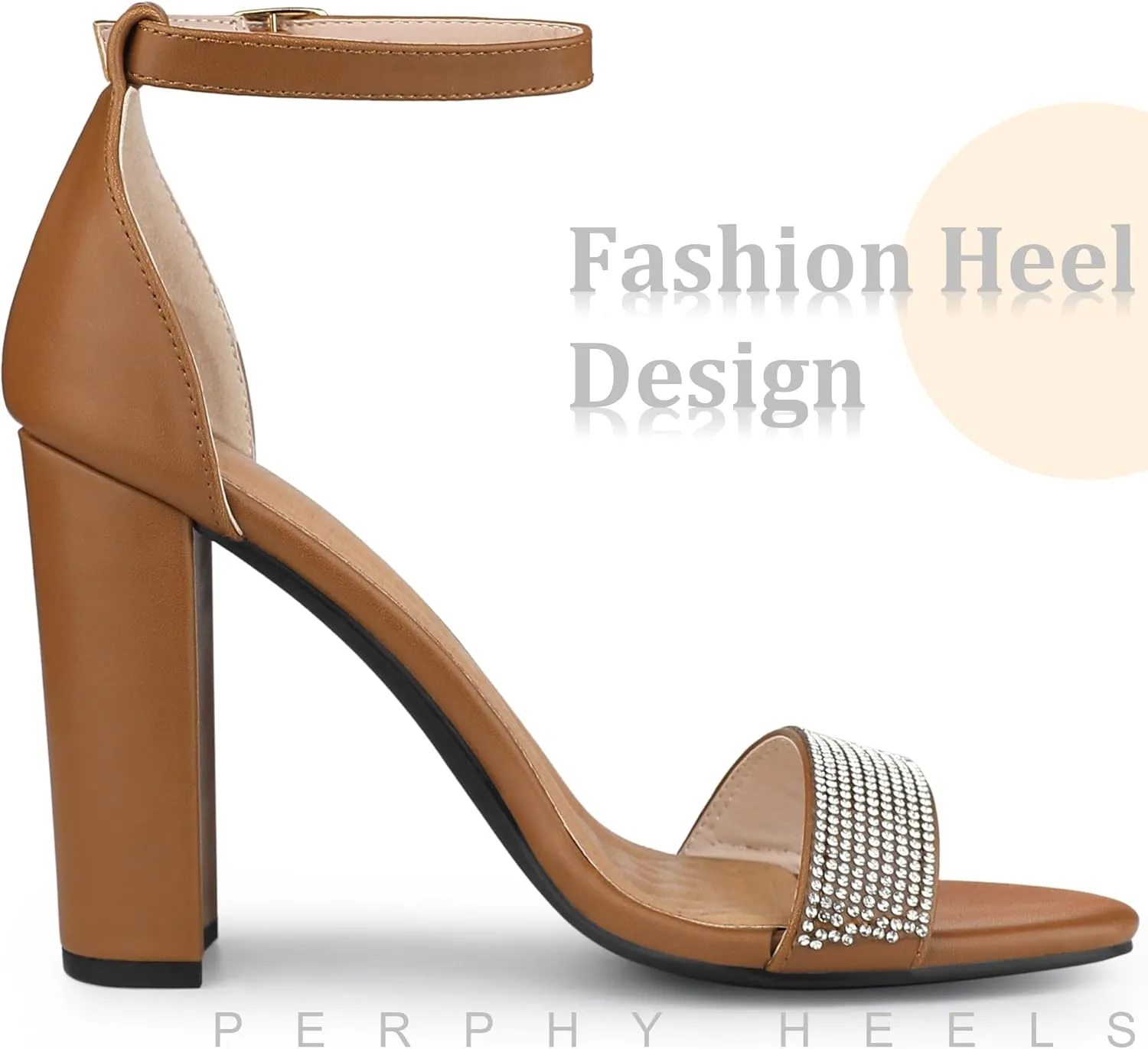 Perphy Open Toe Rhinestone Ankle Strap Chunky Heel Sandals for Women