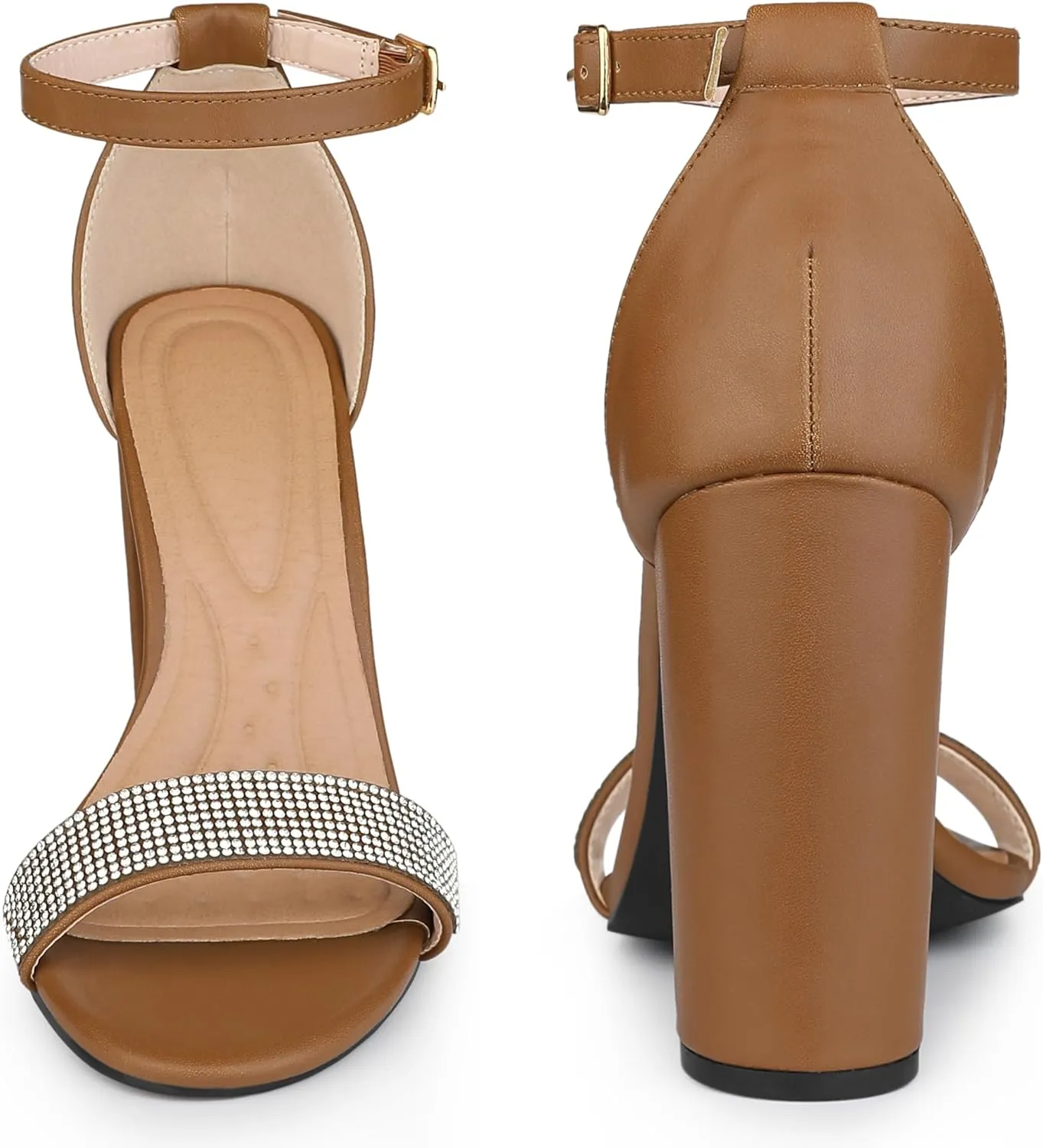 Perphy Open Toe Rhinestone Ankle Strap Chunky Heel Sandals for Women