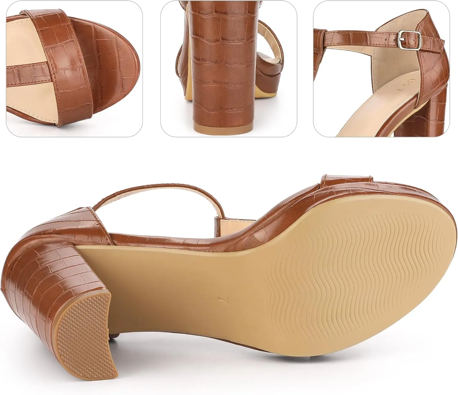 Perphy Platform Heel Print Embossed Ankle t Strap Chunky Heels Sandals for Women