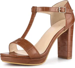 Perphy Platform Heel Print Embossed Ankle t Strap Chunky Heels Sandals for Women