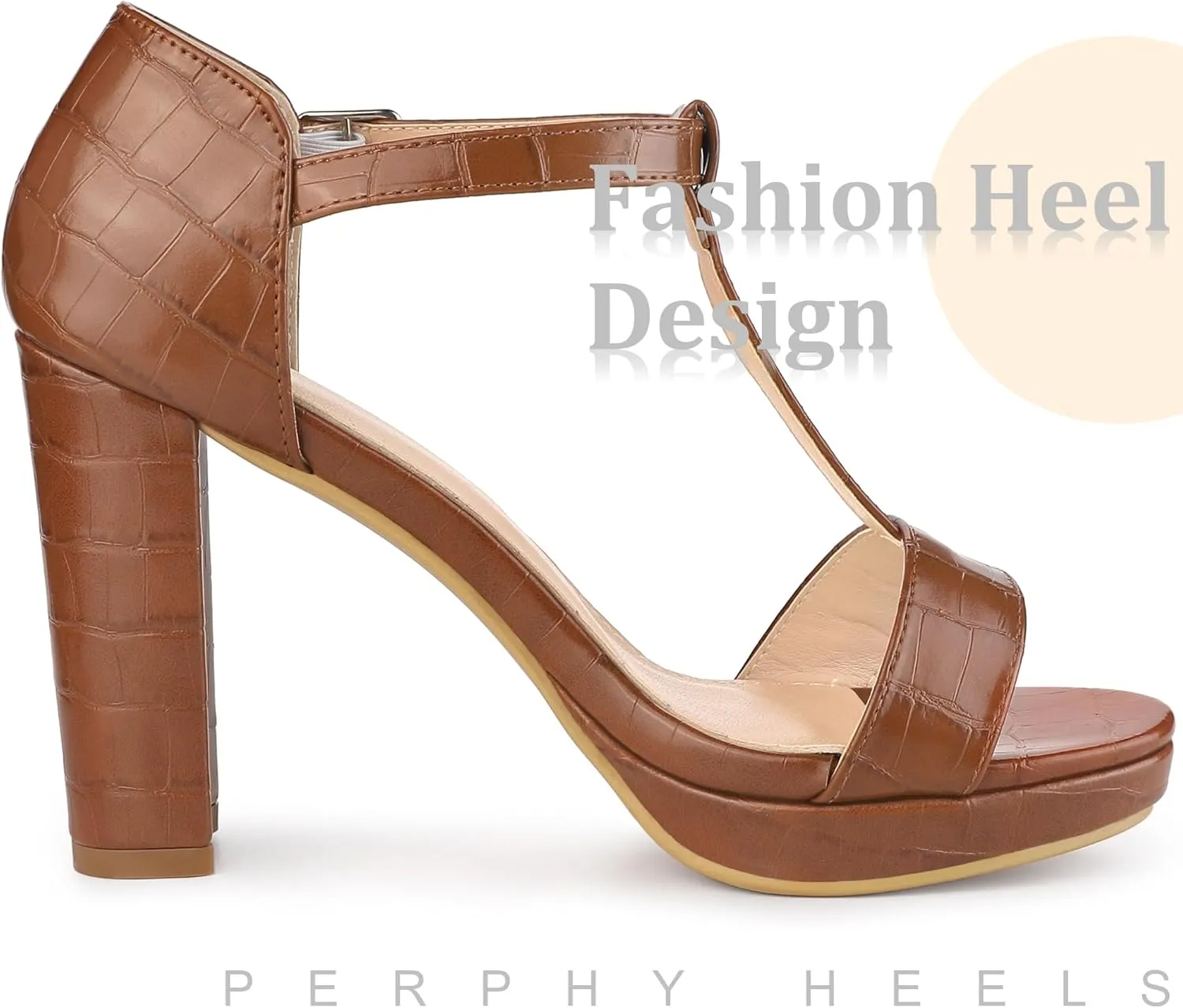 Perphy Platform Heel Print Embossed Ankle t Strap Chunky Heels Sandals for Women