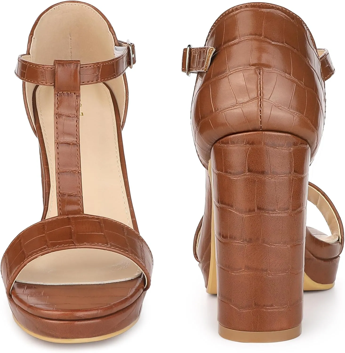 Perphy Platform Heel Print Embossed Ankle t Strap Chunky Heels Sandals for Women