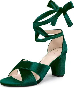Perphy Velvet Chunky Heel Cross Strap Lace Up Sandals for Women