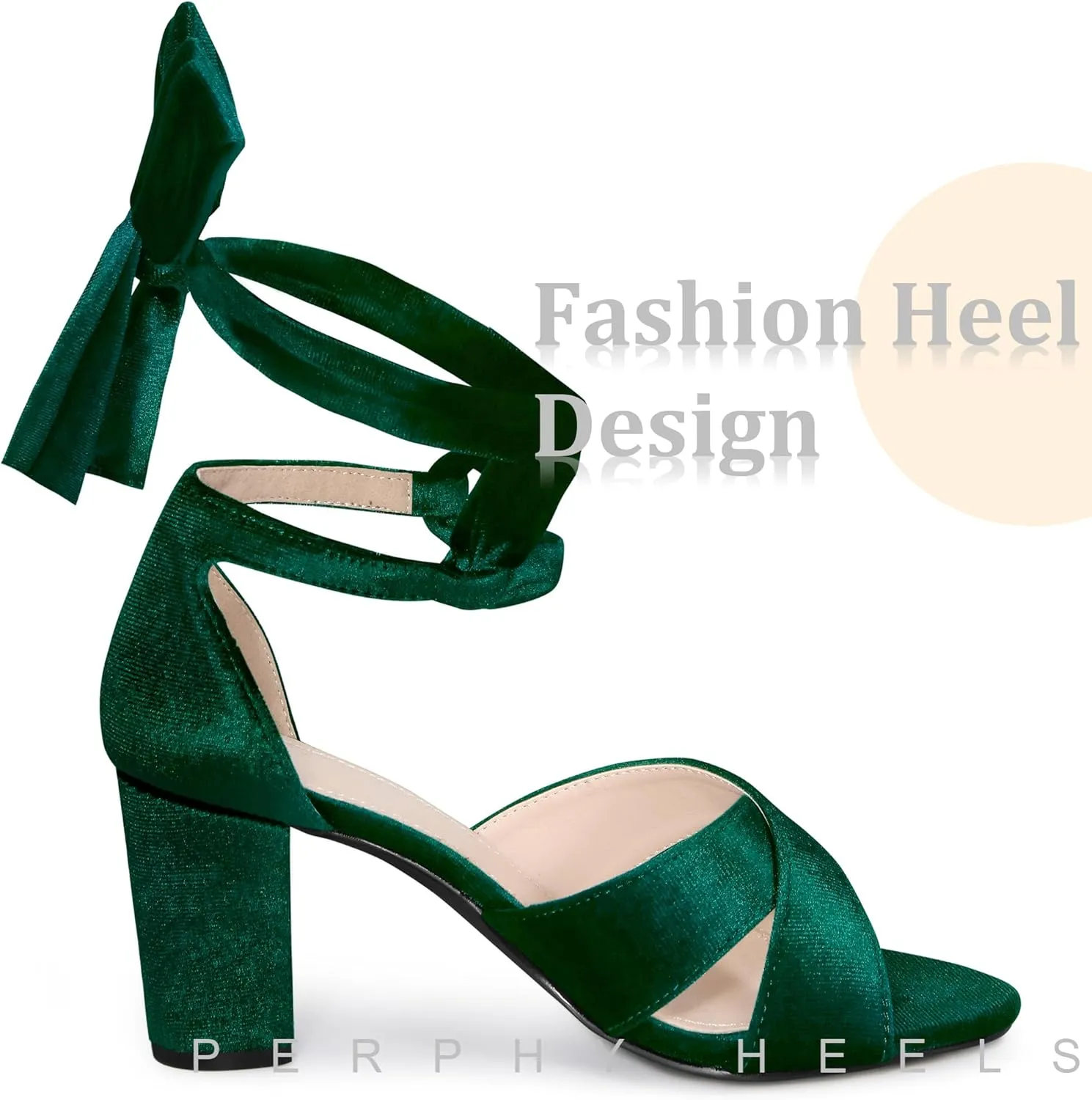 Perphy Velvet Chunky Heel Cross Strap Lace Up Sandals for Women