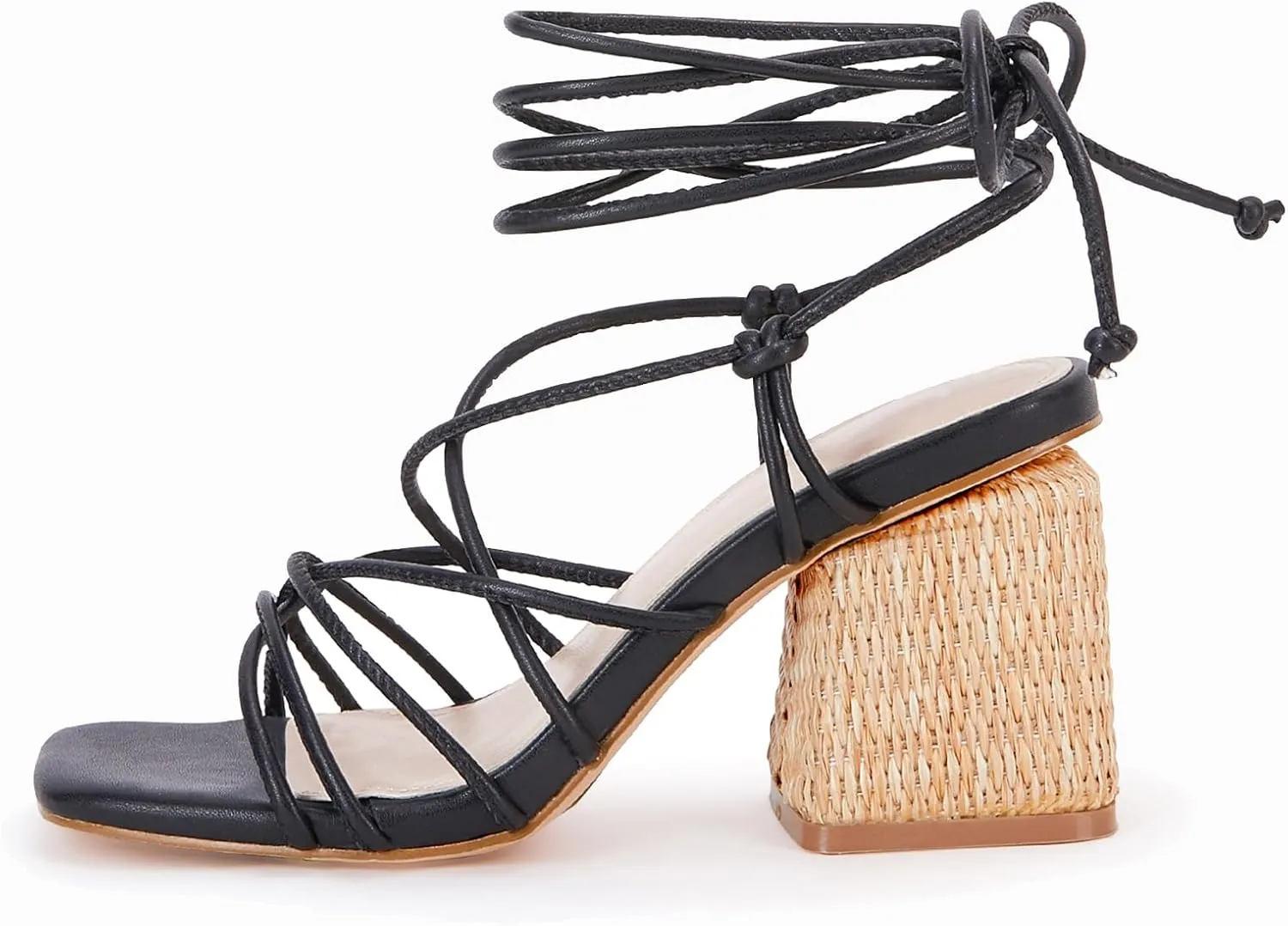 PiePieBuy Women's Lace Up Chunky Braided Heel Sandals Square Toe Strappy Ankle Strap Heels