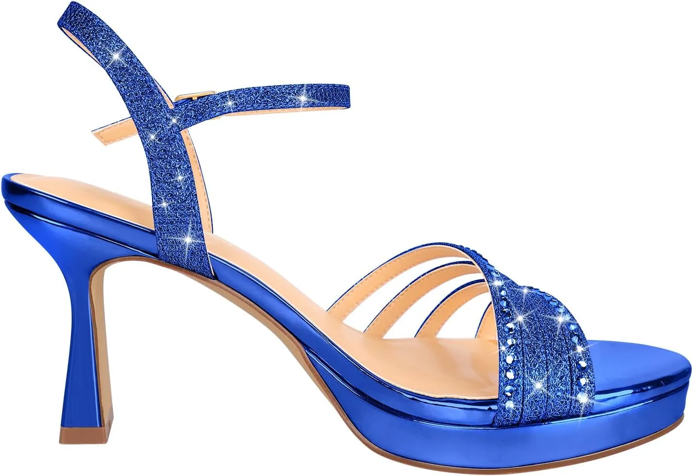PIZZ ANNU Lena Women's Platform Heels High Block Chunky Sparkly Rhinestone Open Toe Ankle Strap Fashion Dress Pump Sandals Shoes for Party Wedding
