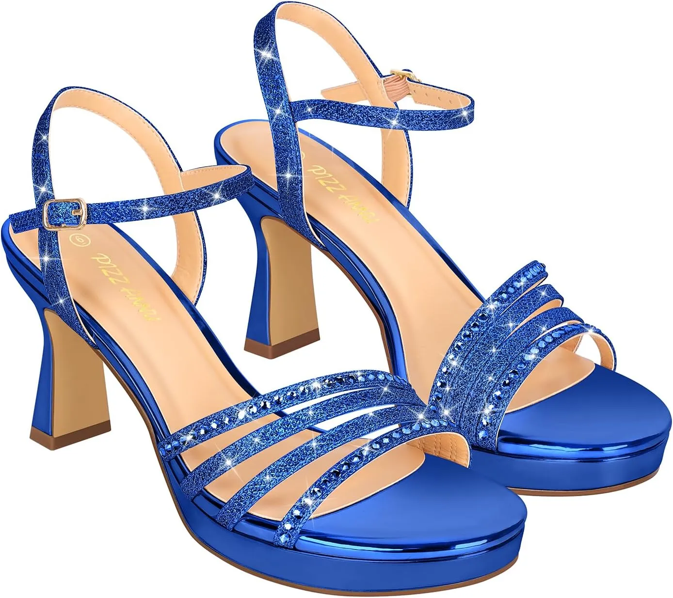 PIZZ ANNU Lena Women's Platform Heels High Block Chunky Sparkly Rhinestone Open Toe Ankle Strap Fashion Dress Pump Sandals Shoes for Party Wedding