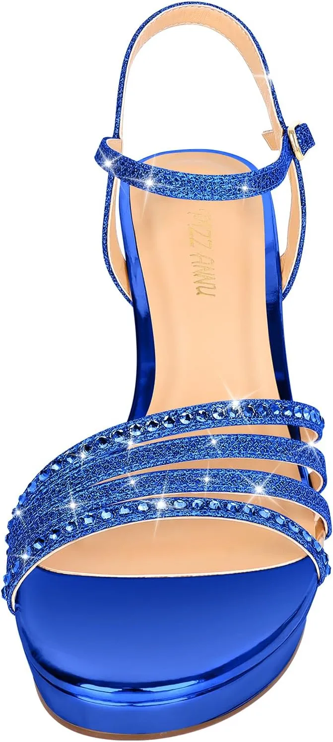 PIZZ ANNU Lena Women's Platform Heels High Block Chunky Sparkly Rhinestone Open Toe Ankle Strap Fashion Dress Pump Sandals Shoes for Party Wedding