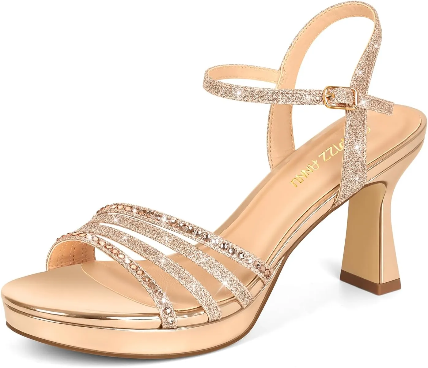 PIZZ ANNU Lena Women's Platform Heels High Block Chunky Sparkly Rhinestone Open Toe Ankle Strap Fashion Dress Pump Sandals Shoes for Party Wedding