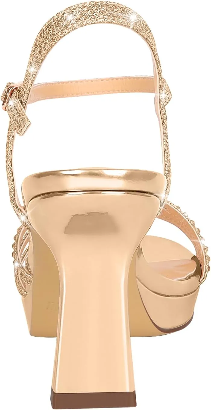 PIZZ ANNU Lena Women's Platform Heels High Block Chunky Sparkly Rhinestone Open Toe Ankle Strap Fashion Dress Pump Sandals Shoes for Party Wedding