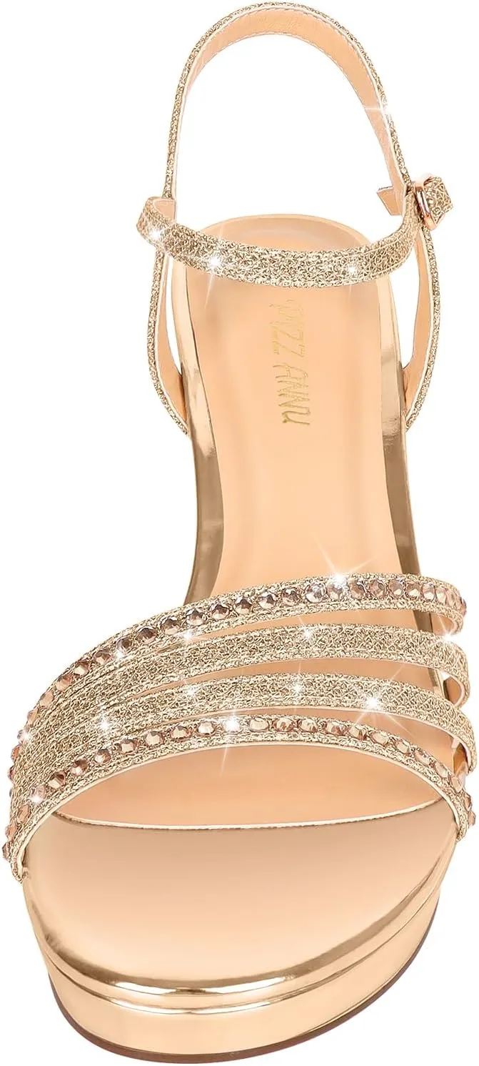 PIZZ ANNU Lena Women's Platform Heels High Block Chunky Sparkly Rhinestone Open Toe Ankle Strap Fashion Dress Pump Sandals Shoes for Party Wedding