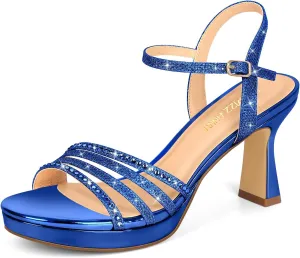 PIZZ ANNU Lena Women's Platform Heels High Block Chunky Sparkly Rhinestone Open Toe Ankle Strap Fashion Dress Pump Sandals Shoes for Party Wedding