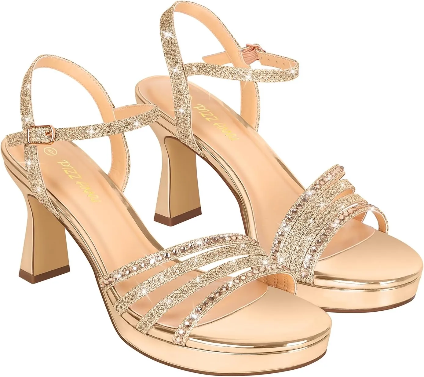 PIZZ ANNU Lena Women's Platform Heels High Block Chunky Sparkly Rhinestone Open Toe Ankle Strap Fashion Dress Pump Sandals Shoes for Party Wedding