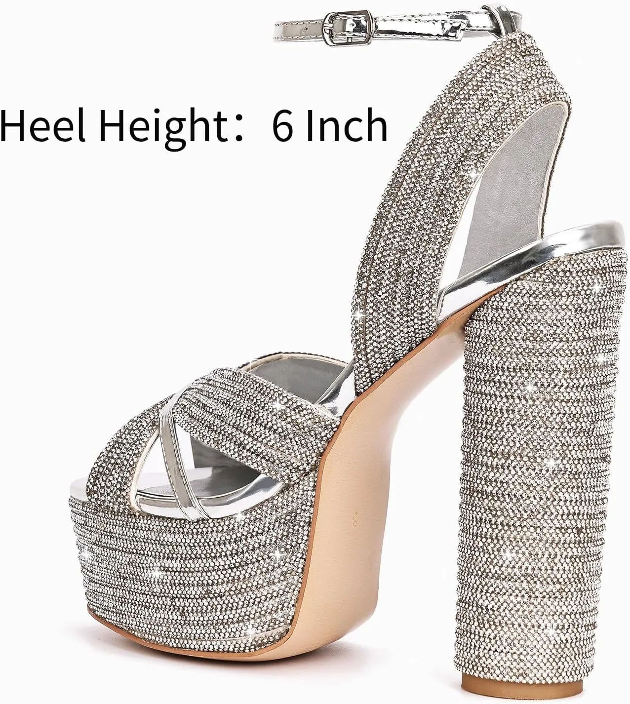 Platform Sandals for Women Chunky High Heel Pumps Open Toe Rhinestone Ankle Strap Wedding Party Dress Pumps Shoes Silver