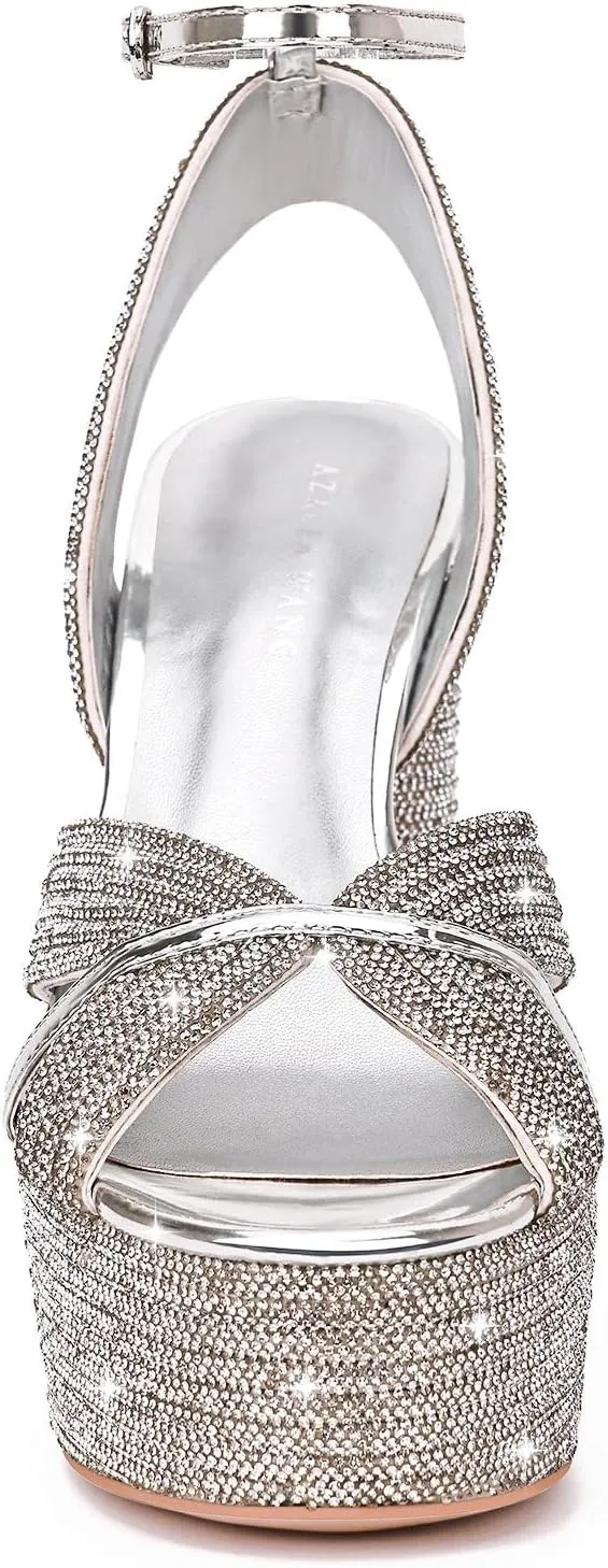 Platform Sandals for Women Chunky High Heel Pumps Open Toe Rhinestone Ankle Strap Wedding Party Dress Pumps Shoes Silver