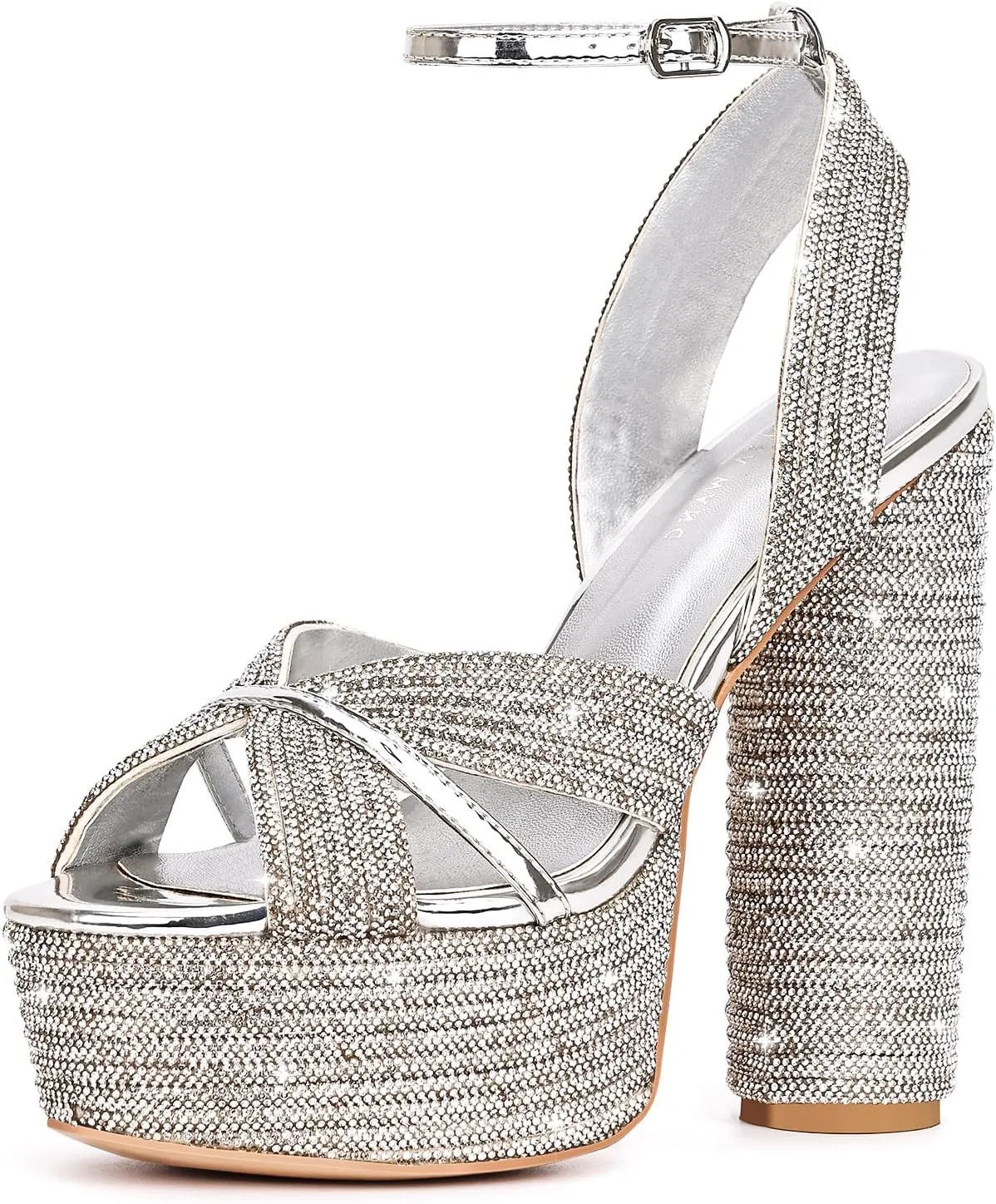 Platform Sandals for Women Chunky High Heel Pumps Open Toe Rhinestone Ankle Strap Wedding Party Dress Pumps Shoes Silver