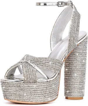 Platform Sandals for Women Chunky High Heel Pumps Open Toe Rhinestone Ankle Strap Wedding Party Dress Pumps Shoes Silver