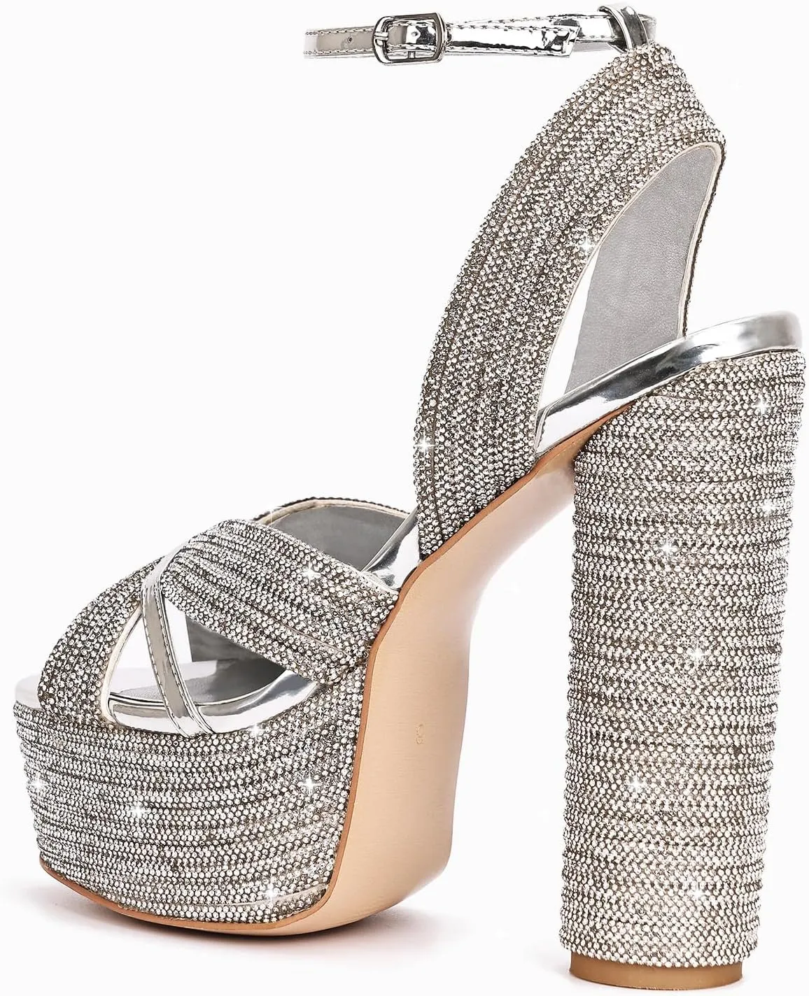 Platform Sandals for Women Chunky High Heel Pumps Open Toe Rhinestone Ankle Strap Wedding Party Dress Pumps Shoes Silver