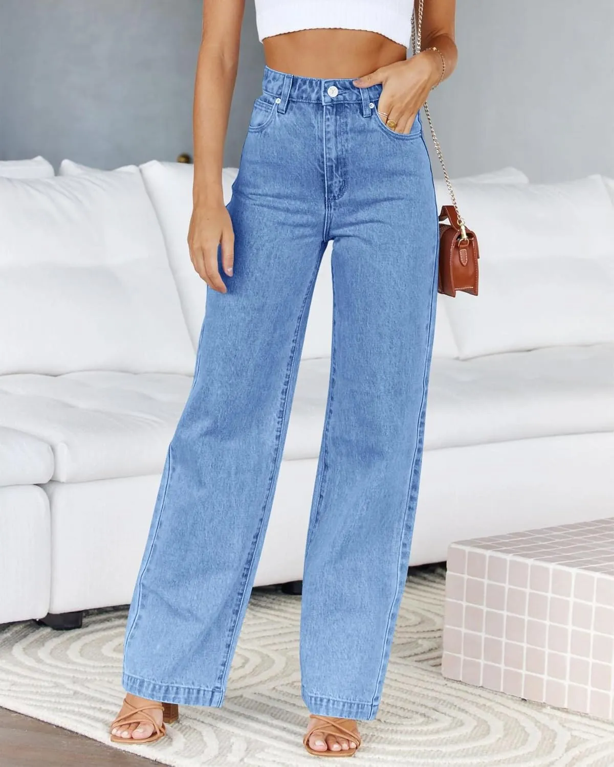 PLNOTME Women's High Waisted Jeans Boyfriend Baggy Straight Leg Casual Denim Pants
