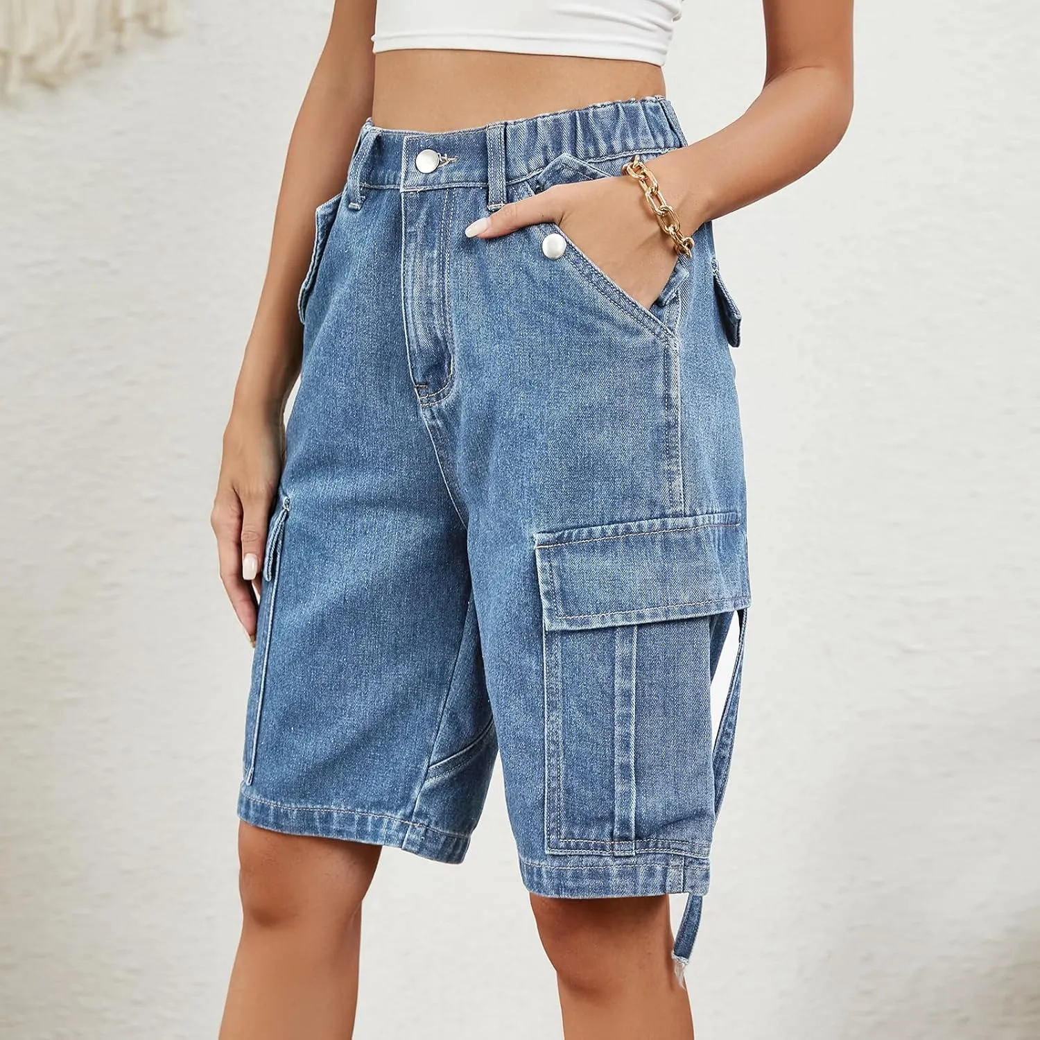 POHADON Womens 2025 Trendy High Waisted Denim Shorts Bermuda Shorts Baggy Y2K Cargo Shorts Casual Summer Jean Shorts Jorts