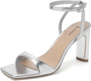Reitoye Womens Heels Square Open Toe Chunky High Heels Strappy Ankle Strap Heeled Sandals for Women Dress Party Wedding