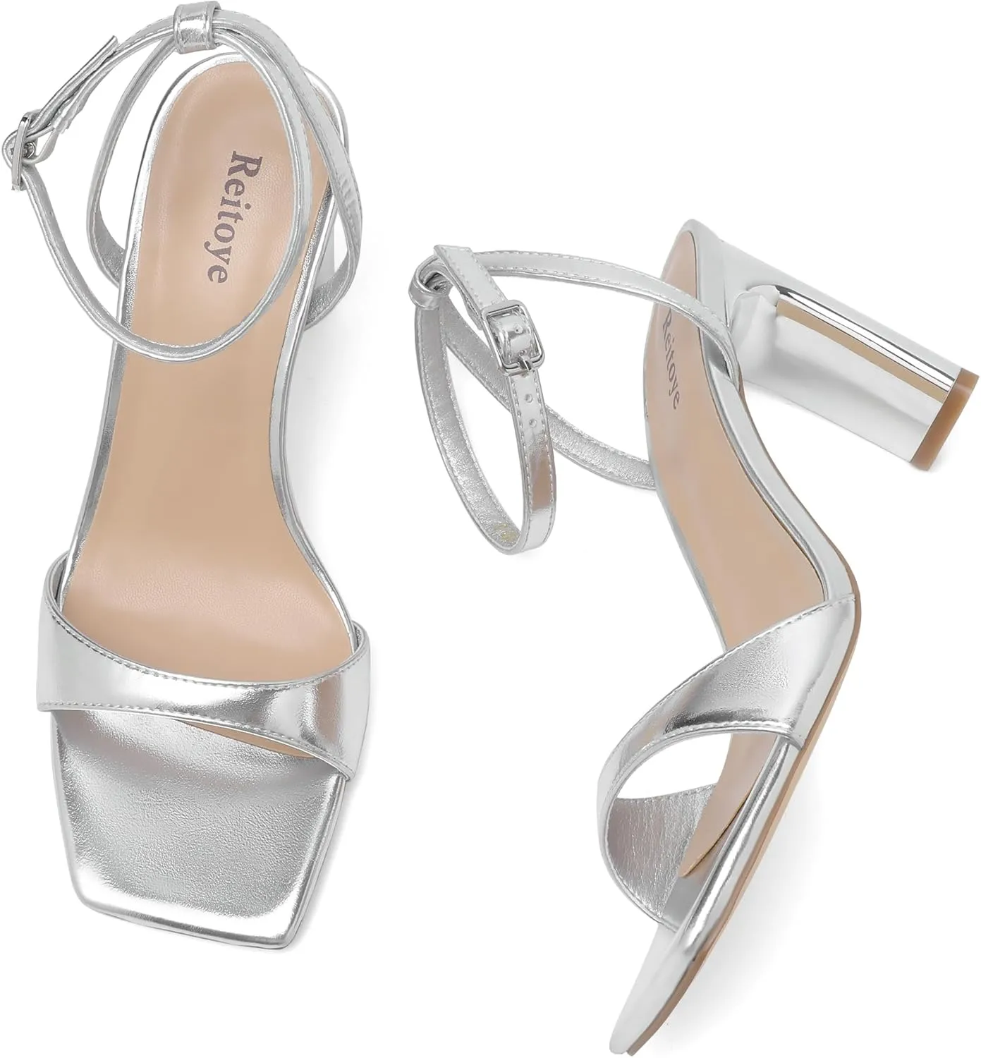 Reitoye Womens Heels Square Open Toe Chunky High Heels Strappy Ankle Strap Heeled Sandals for Women Dress Party Wedding