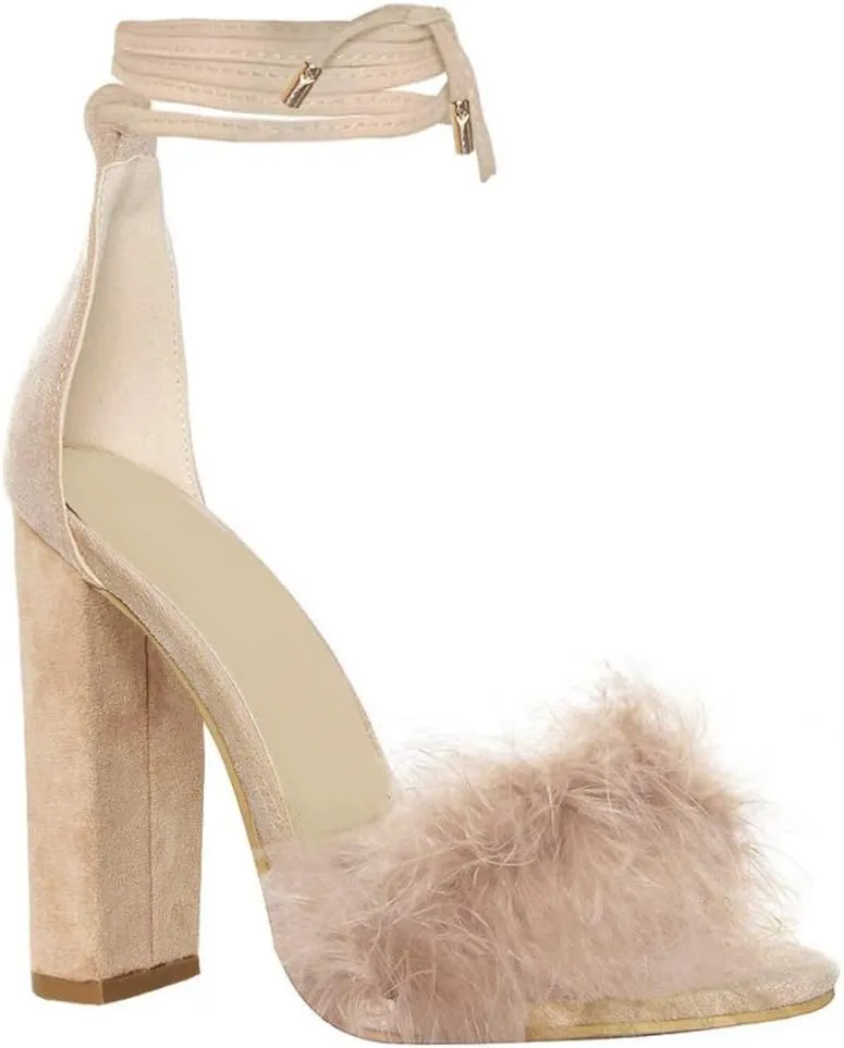Richealnana Women's Fuzzy Cozy Strappy Open Toe Dress Artificial Feather Heeled Sandals