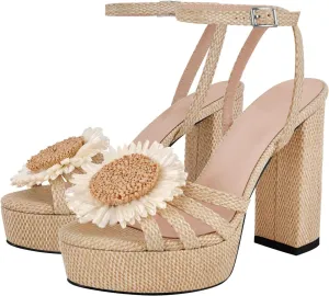 richealnini Sunflower Platform Heels Sandals for Women Studded Espadrilles Block High Heels Ankle Buckle Strappy Dress