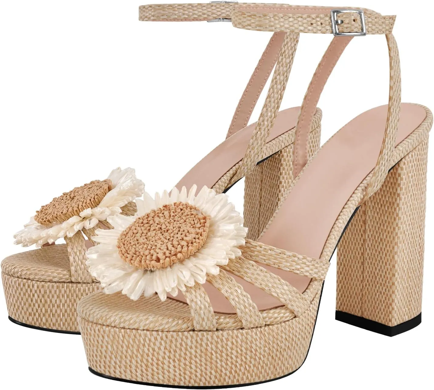 richealnini Sunflower Platform Heels Sandals for Women Studded Espadrilles Block High Heels Ankle Buckle Strappy Dress