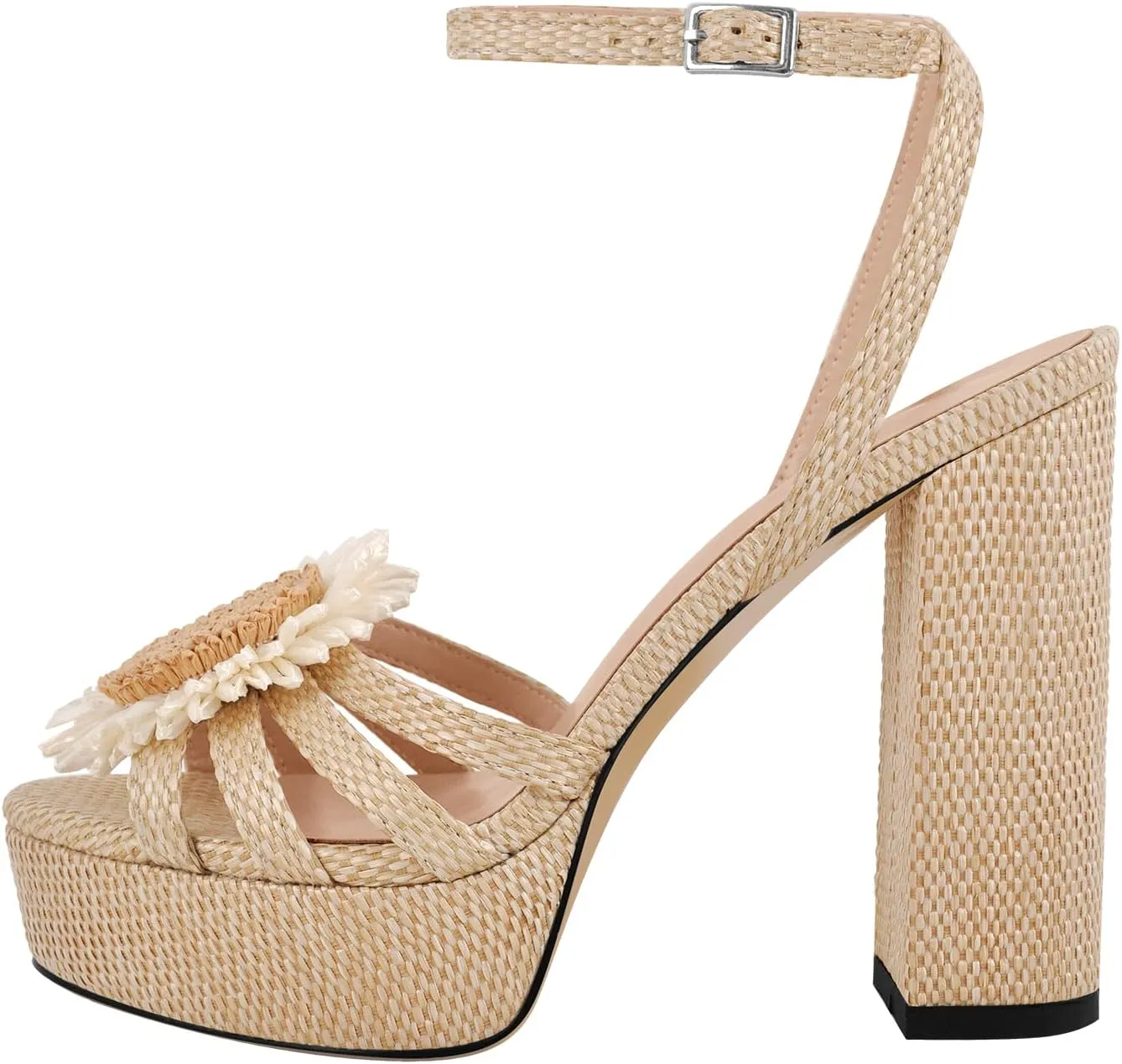 richealnini Sunflower Platform Heels Sandals for Women Studded Espadrilles Block High Heels Ankle Buckle Strappy Dress
