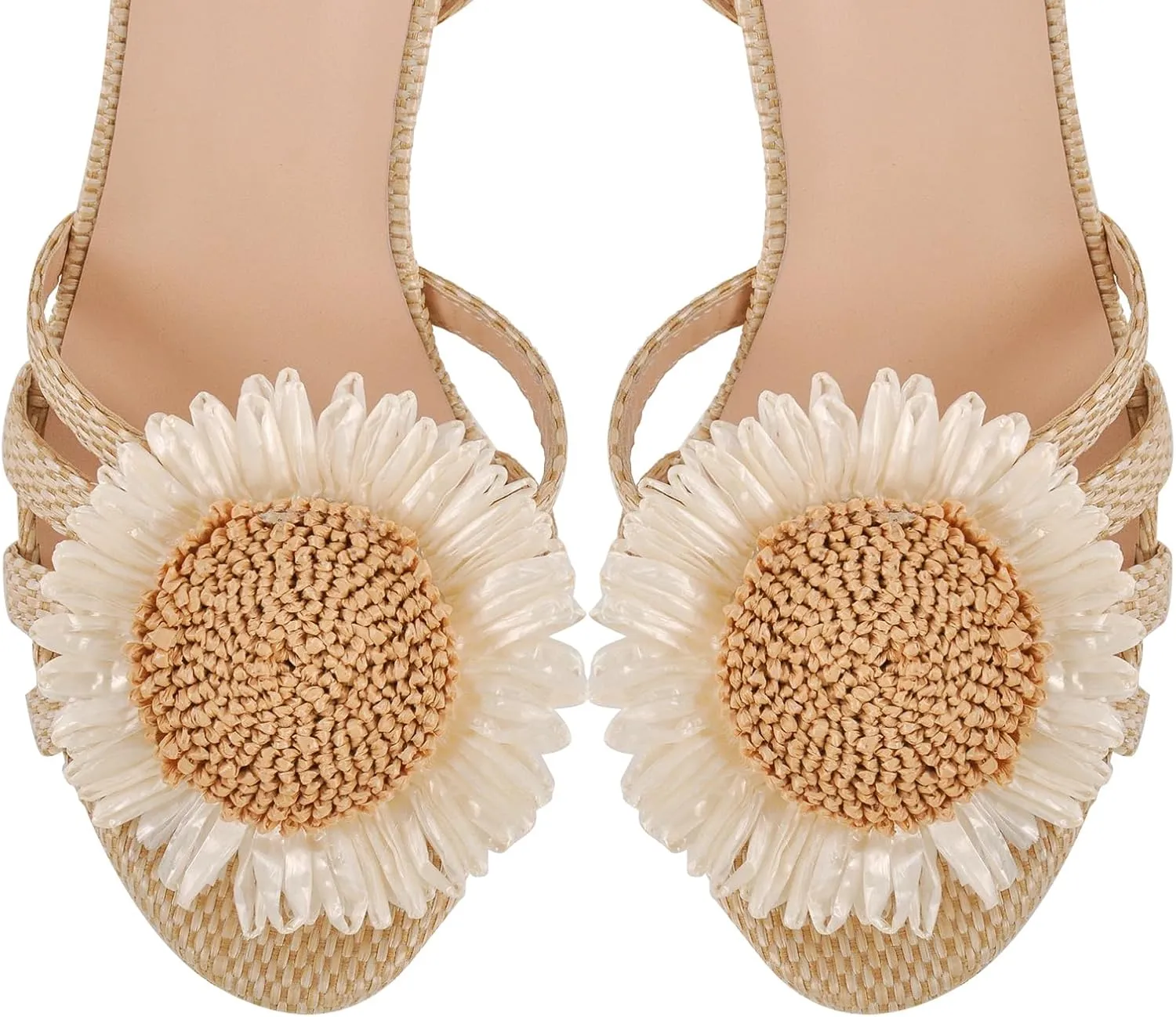 richealnini Sunflower Platform Heels Sandals for Women Studded Espadrilles Block High Heels Ankle Buckle Strappy Dress