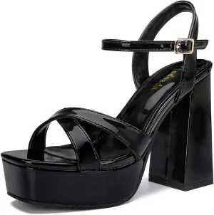 risdoada Women's Platform Heels Sandals Open Toe Ankle Strap Chunky Heeled Sandal Wedding Party Dress Patent Leather PU Pumps
