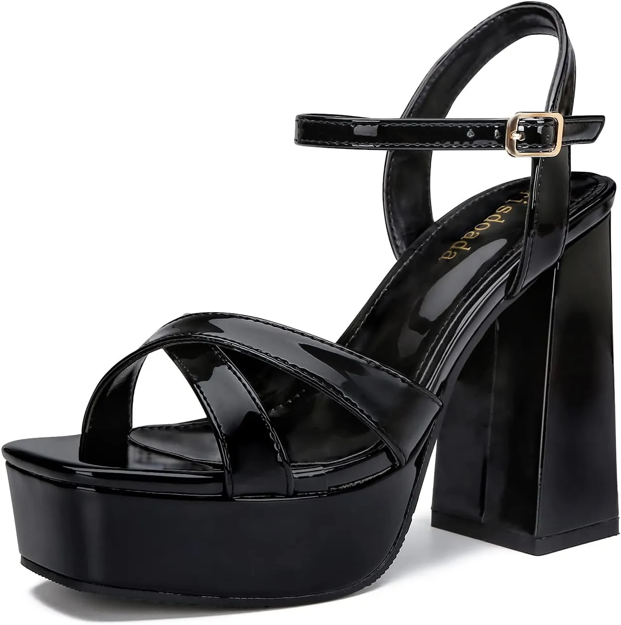risdoada Women's Platform Heels Sandals Open Toe Ankle Strap Chunky Heeled Sandal Wedding Party Dress Patent Leather PU Pumps