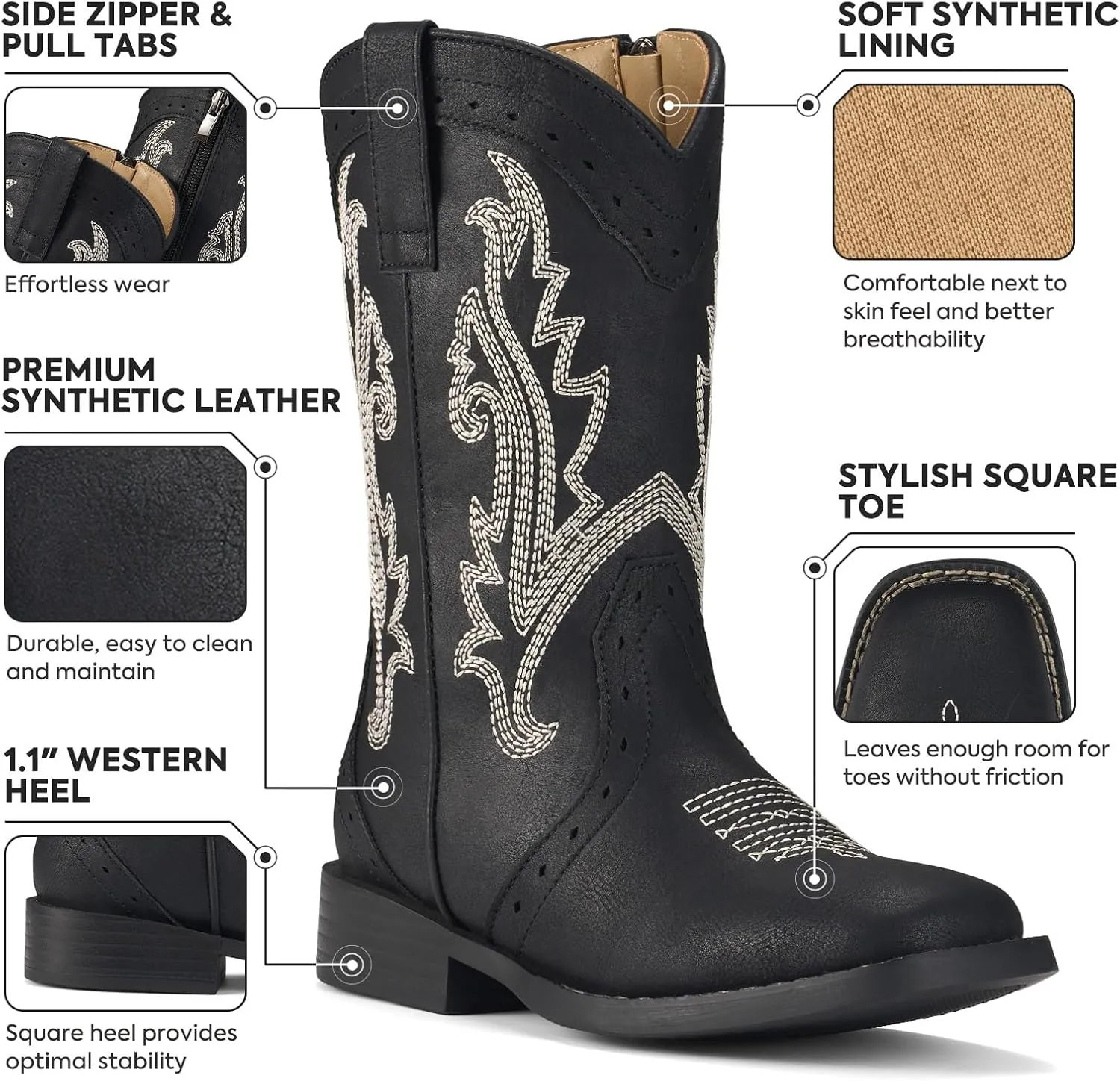Rollda Girls Cowgirl Boots Kids Cowboy Boots Square Toe Girls Western Boots for Toddler/Little Kid/Big Kid