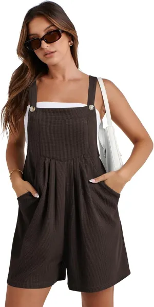 Rompers for Women Casual, Womens 2025 Summer Short Overalls Loose Waffle Knit Jumpsuit Adjustable Strap Vacation Outfits Brown L