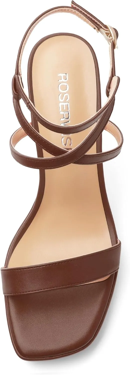 ROSERWISH Platform Heels for Women Strappy High Heel Sandals Square Open Toe Chunky Heels Ankle Strap Womens Wedding Party Dress Shoes