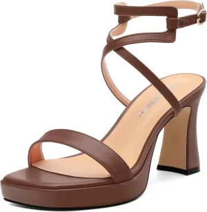 ROSERWISH Platform Heels for Women Strappy High Heel Sandals Square Open Toe Chunky Heels Ankle Strap Womens Wedding Party Dress Shoes