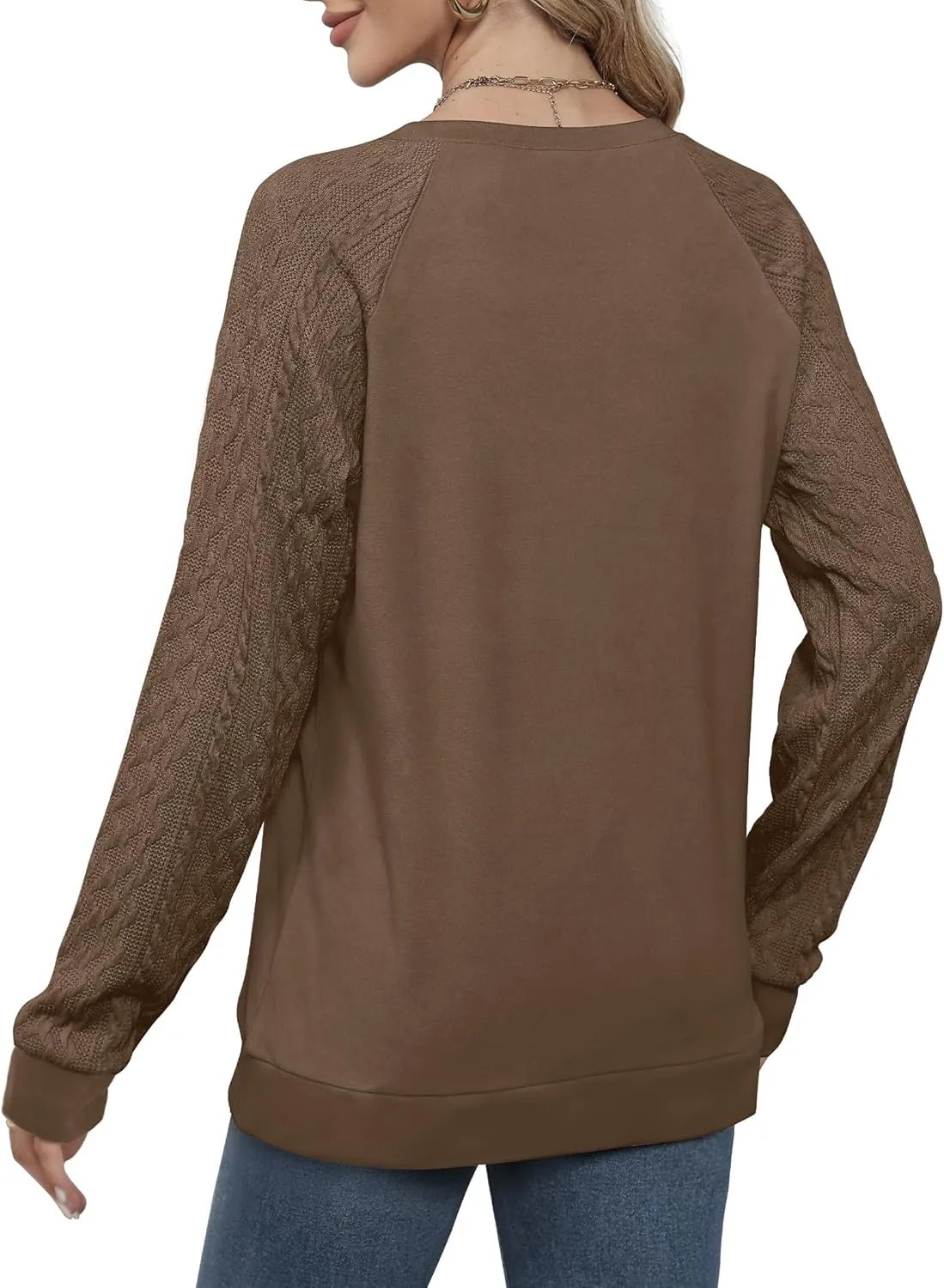 Saloogoe Sweatshirts for Women Crewneck Cable Knit Sleeve Sweaters Lightweight Fashion 2024